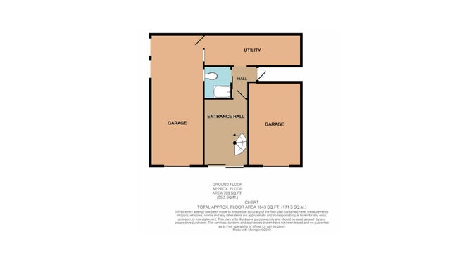 The ground floor plan for Chert, showing the hall, toilet and utility room